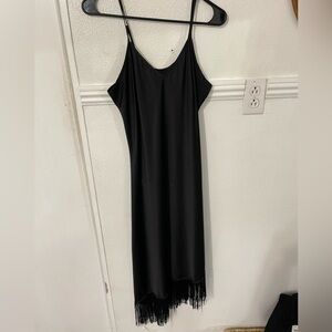 Women’s Satin Midi Black Asymmetrical Fringe Dress